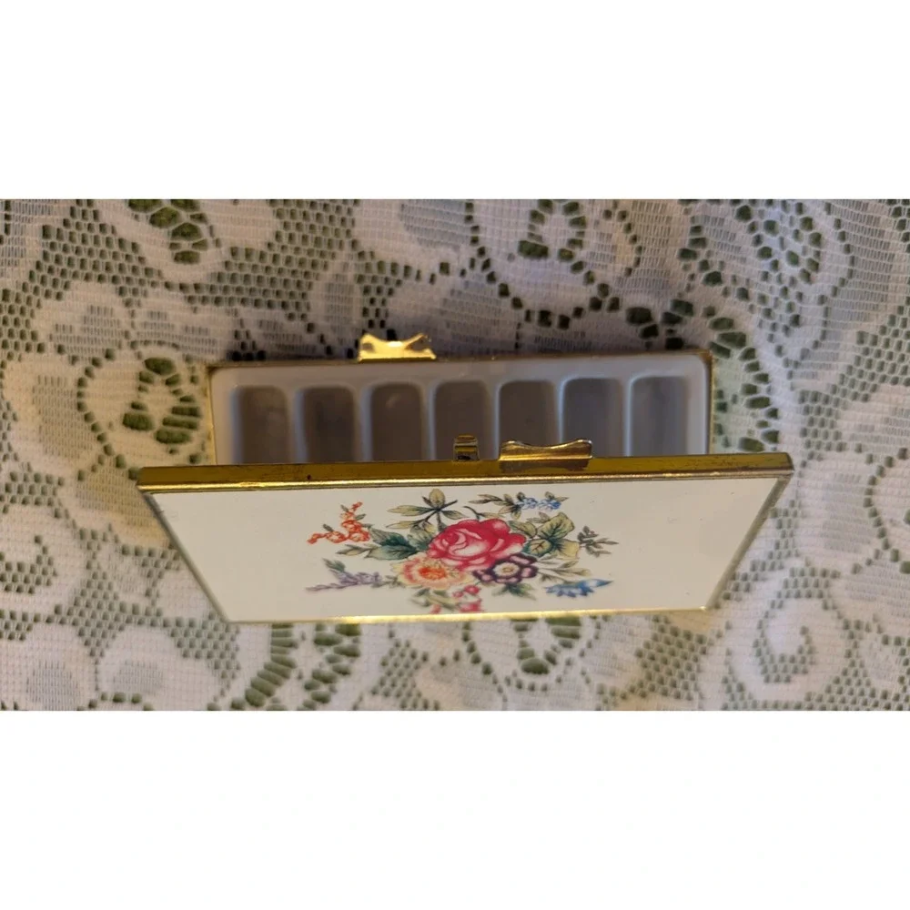 VTG Gold Tone Floral Rose Pill Box with 7 Compartments 1960-1970 Prop Set Medic